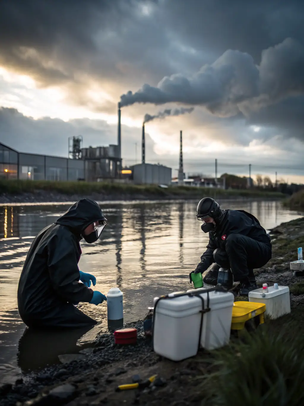 An image of scientists and volunteers conducting water quality testing in a local river, emphasizing the importance of monitoring and maintaining healthy water conditions.