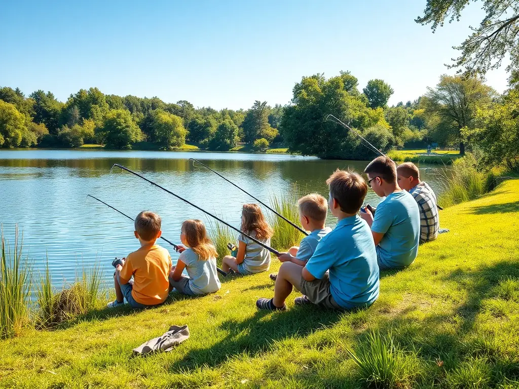 A group of children participating in a fishing education program, learning about responsible fishing practices and the importance of protecting aquatic habitats. The scene is interactive and engaging, fostering a love for nature and conservation.