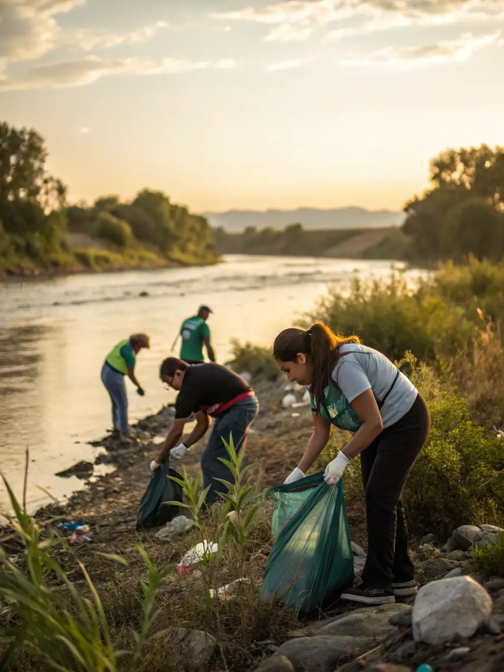 A photograph capturing volunteers actively involved in a river cleanup, removing debris and restoring the natural habitat along the riverbank. The image should convey a sense of community and environmental stewardship.