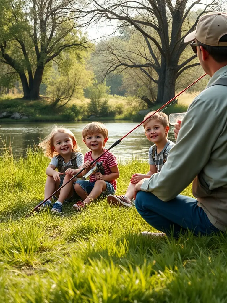 A serene image of a group of children participating in a fishing education workshop, learning about responsible angling and the importance of conservation.