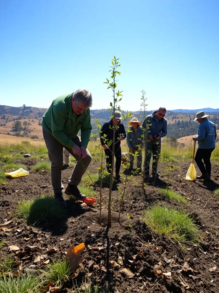 A photo showcasing the process of habitat restoration, with volunteers planting native vegetation along a riverbank to improve fish spawning grounds.