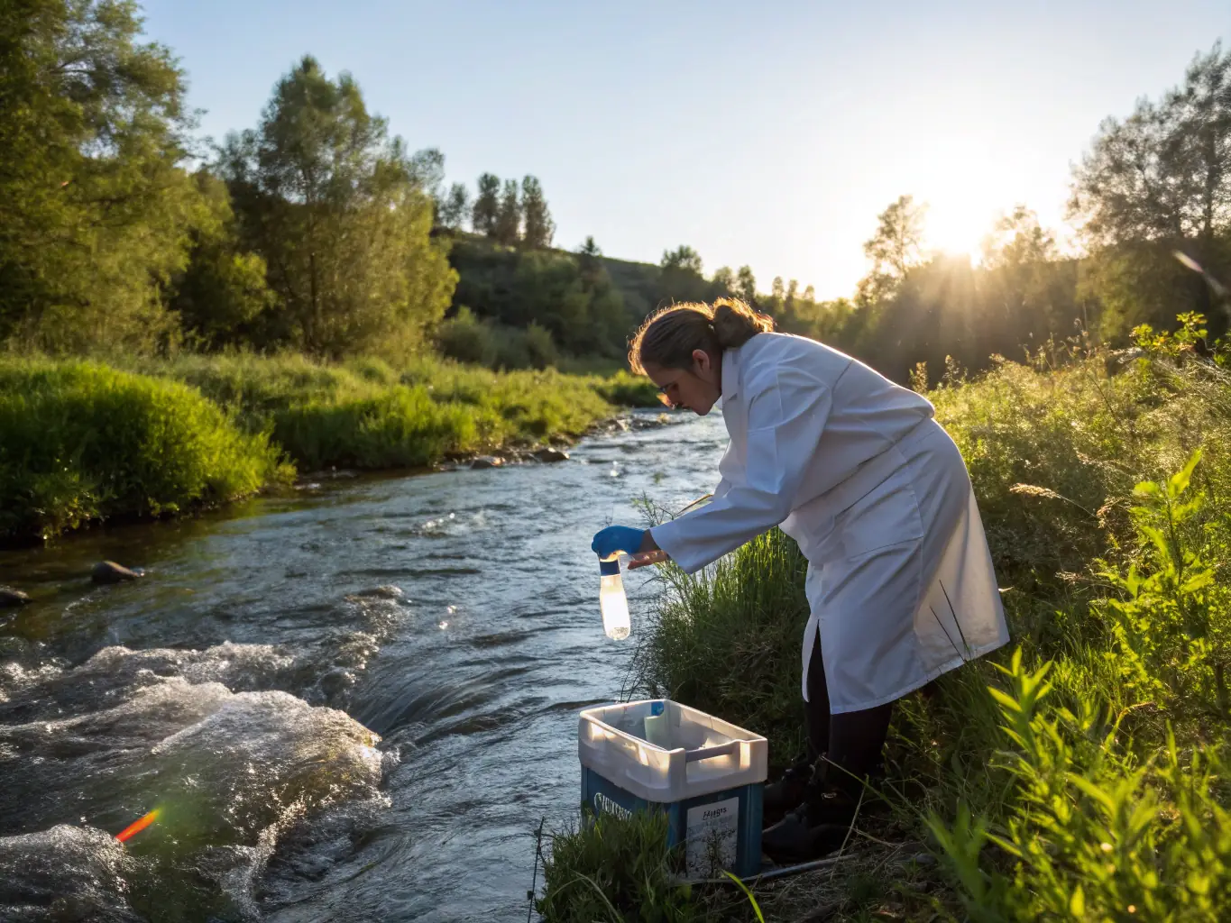 A close-up shot of a biologist monitoring water quality in a local river, using scientific equipment to assess the health of the aquatic environment. The image conveys a sense of precision and dedication to environmental monitoring.
