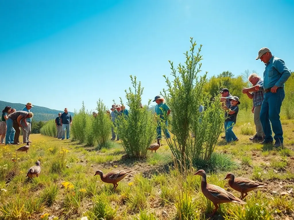 A group of volunteers planting vegetation along a riverbank to restore the habitat for fish and other aquatic species. The scene is bright and sunny, showcasing the positive impact of their efforts on the environment.